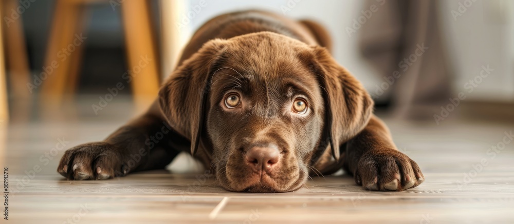 Poster A young Chocolate Labrador Retriever pup rests on the floor in a home setting leaving room for a text caption in the image. with copy space image. Place for adding text or design