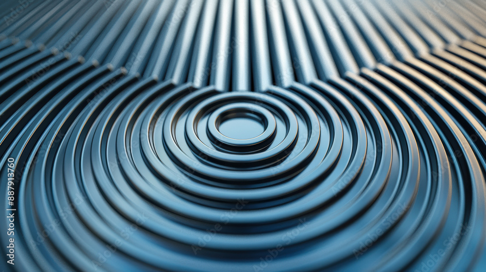 Poster abstract close-up of converging circular patterns with a metallic finish, creating a rippled and rad