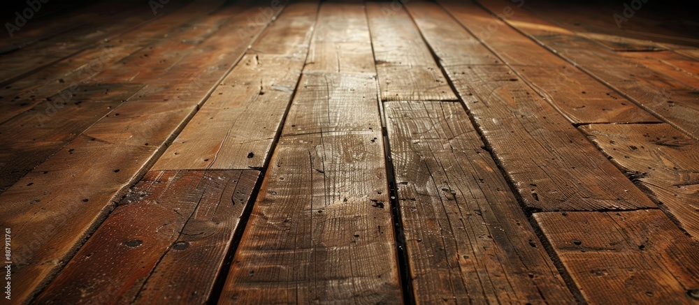 Poster Rustic grungy floor with an antique wooden panel in an isolated setting with an empty composition perfect for copy space image