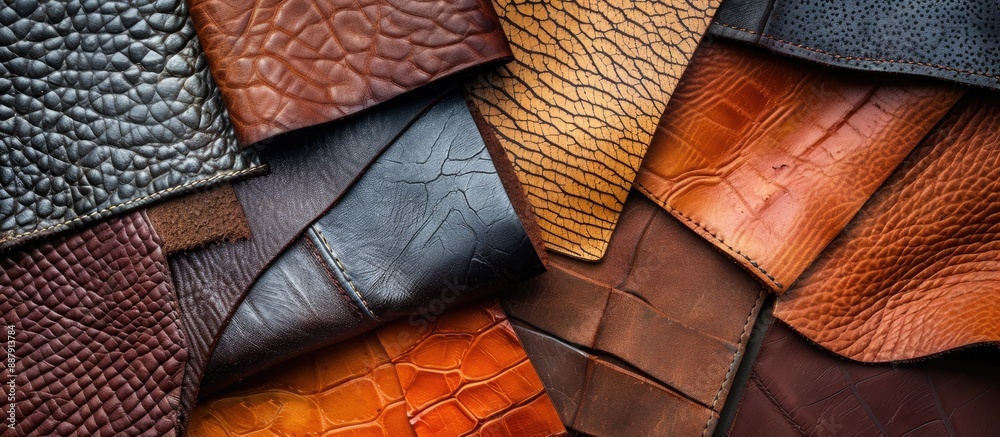 Fototapete Variety of leather shapes linked in different textures and patterns for fashion industry samples with close up for text on copy space image