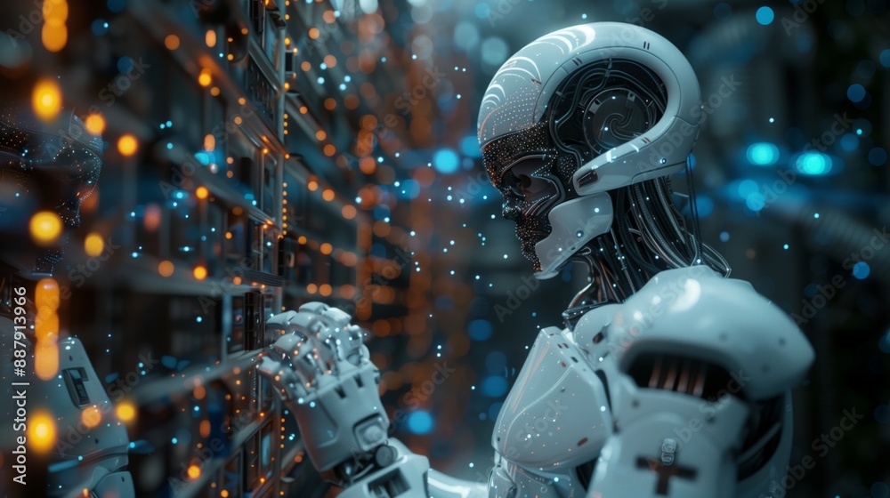 Poster a white humanoid robot interacts with data visualizations, likely analyzing real-time results from a
