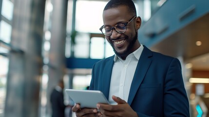 Happy young businessman using digital tablet while standing in modern office. Smiling african american man wearing suit and glasses looking at screen
