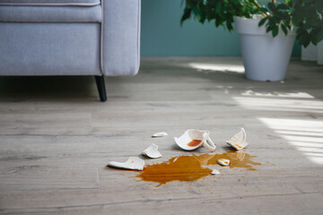 A broken cup of coffee fell on laminate, coffee spilled on floor.