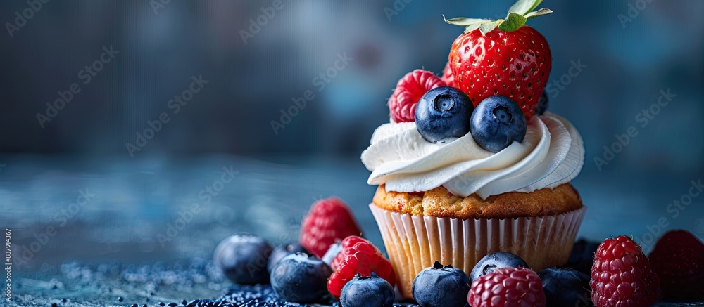 Poster a delectable fruit cupcake with vibrant blueberries and strawberries atop a sponge cake creating a c