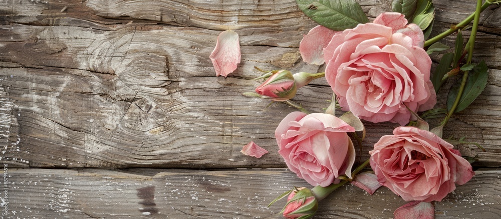 Poster an antique valentine card concept featuring pink roses on a weathered wooden surface with room for t