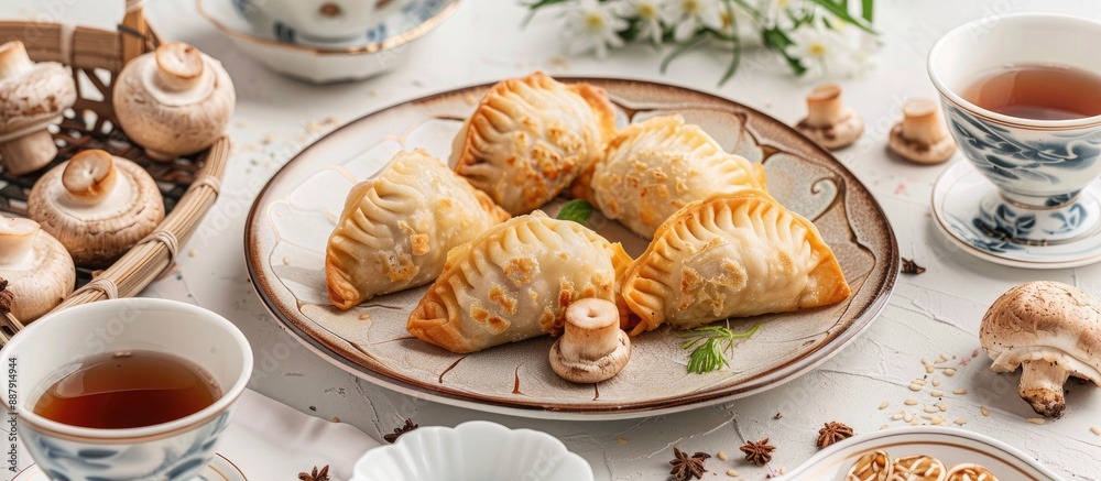 Aufkleber chinese bings on a plate with mushrooms on a white background accompanied by tea cups allowing space