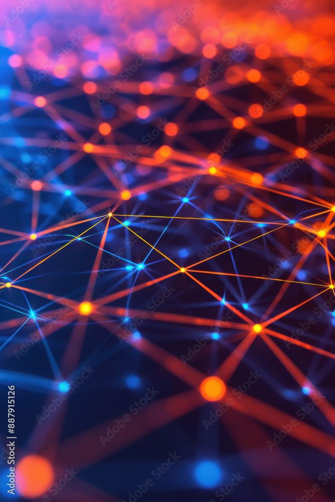 Poster abstract network of glowing orange and blue nodes interconnected by lines on a dark background repre