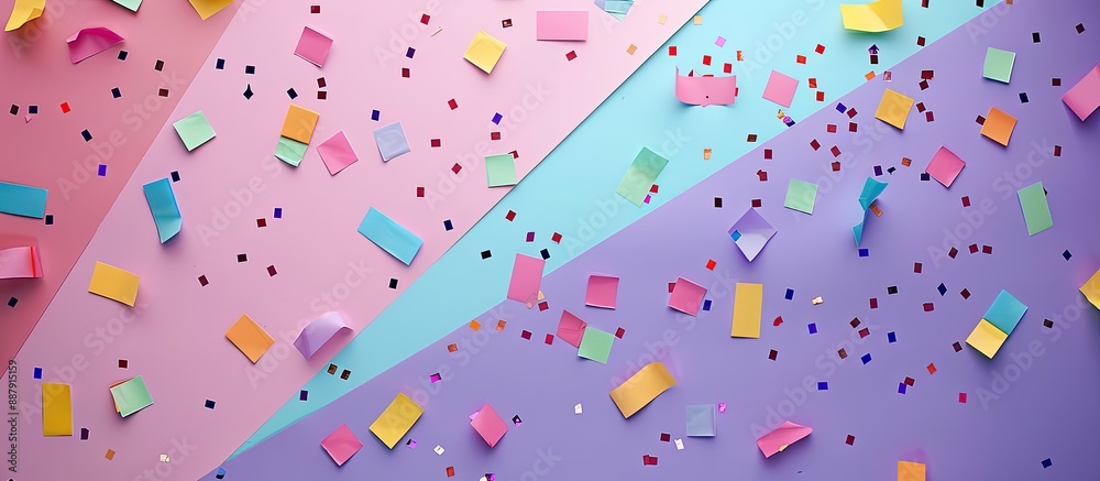 Aufkleber Purple pastel paper adorned with colorful confetti creates a festive geometric background perfect for both party decor and project visuals in a flat lay top view image with ample copy space