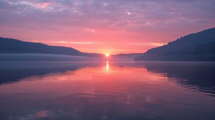 Obraz premium Beautiful sunset over lake,mountains and sky, warm vibrant colors,landscape wallpaper,background.