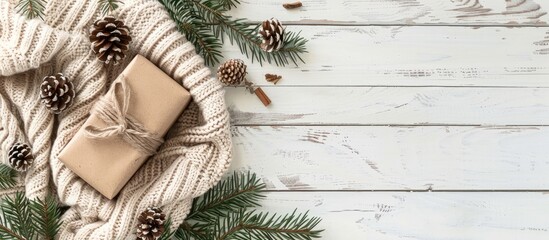 A festive Christmas arrangement with a gift cozy knitted blanket pine cones and fir branches on a rustic white wooden backdrop Top down view with space for text or images. with copy space image
