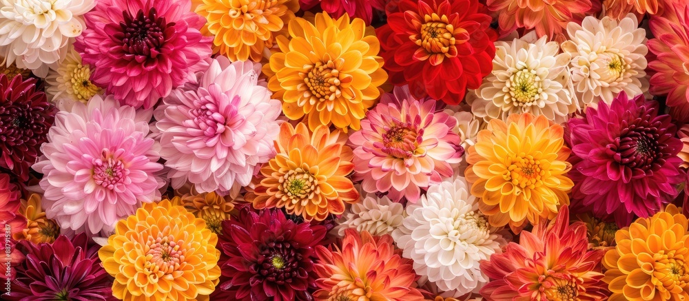 Poster colorful background with an abundance of chrysanthemum flowers and seeds providing an ideal copy spa