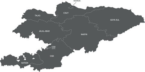 Vector map of Kyrgyzstan with regions and administrative divisions. Editable and clearly labeled layers.