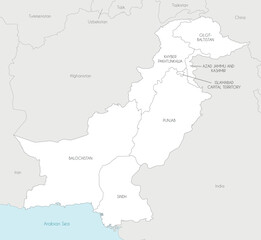Fototapeta premium Vector regional map of Pakistan with provinces and territories and administrative divisions, and neighbouring countries and territories. Editable and clearly labeled layers.