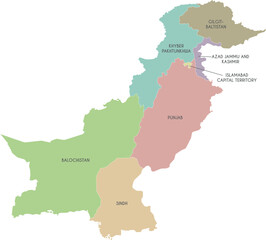 Vector regional map of Pakistan with provinces and territories and administrative divisions. Editable and clearly labeled layers.