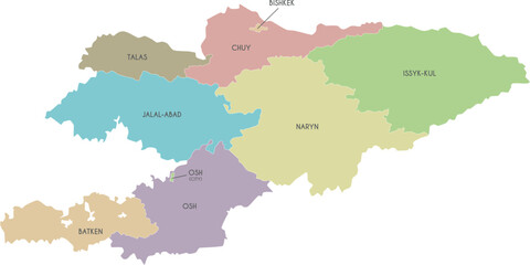Vector map of Kyrgyzstan with regions and administrative divisions. Editable and clearly labeled layers.