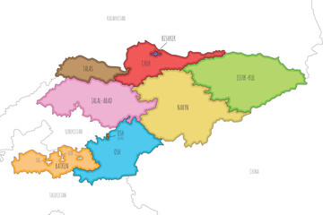 Vector illustrated map of Kyrgyzstan with regions and administrative divisions, and neighbouring countries and territories. Editable and clearly labeled layers.