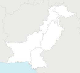 Vector regional blank map of Pakistan with provinces and territories and administrative divisions, and neighbouring countries and territories. Editable and clearly labeled layers.