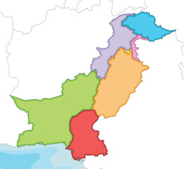Vector illustrated regional blank map of Pakistan with provinces and territories and administrative divisions, and neighbouring countries and territories. Editable and clearly labeled layers.