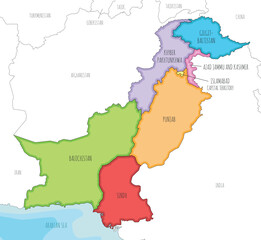 Vector illustrated regional map of Pakistan with provinces and territories and administrative divisions, and neighbouring countries and territories. Editable and clearly labeled layers.