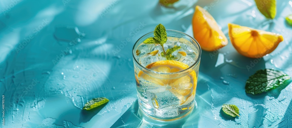 Aufkleber Refreshingly popular a glass of water with peppermint and lemon on a blue backdrop creating a vibrant copy space image