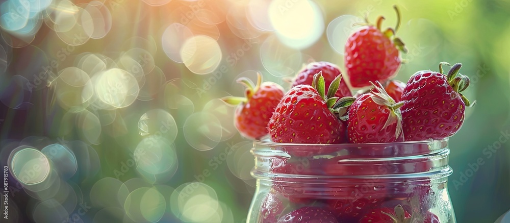 Poster Fresh bright red strawberries in a glass jar with selective focus on the subject against a blurred background giving a toned effect in the copy space image