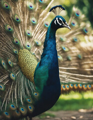 Obraz premium A peacock displaying its feathers in a garden, sunny day.