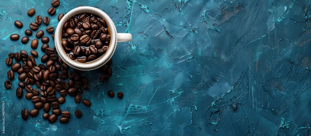 Leinwandbilder Bird s eye view of a white cup with coffee beans on a blue concrete backdrop leaving space for text or other elements in the image. with copy space image. Place for adding text or design