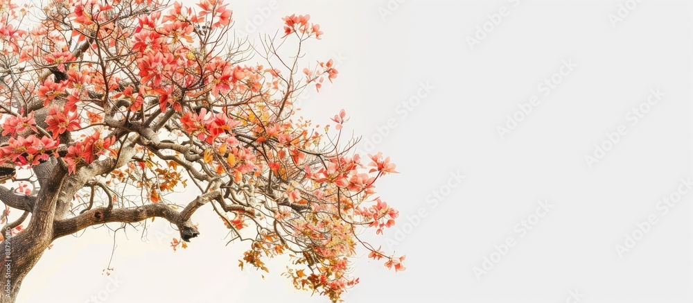 Poster nature photo of a beautiful tree with flowers and leaves against a clear backdrop providing copy spa