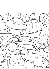 A cat with two birds on the nature background  illustration, a coloring page for children.