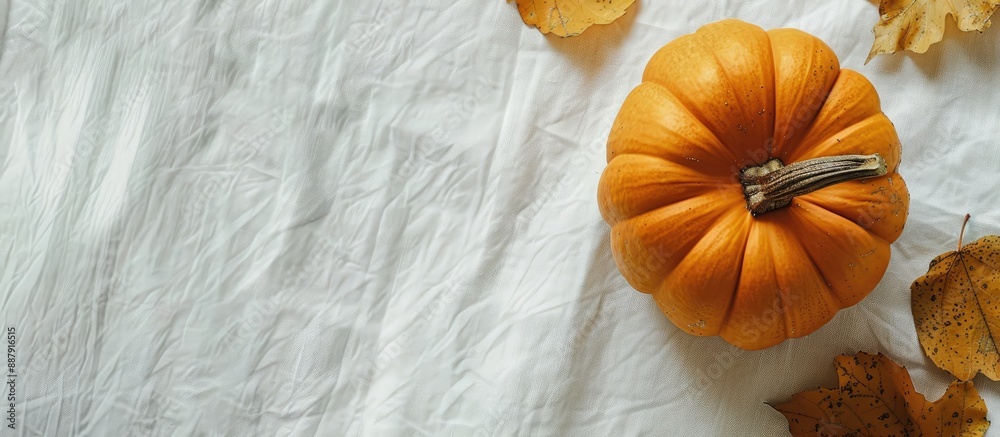 Poster cozy fall ambiance featuring a pumpkin on a white tablecloth creating an autumn themed copy space im