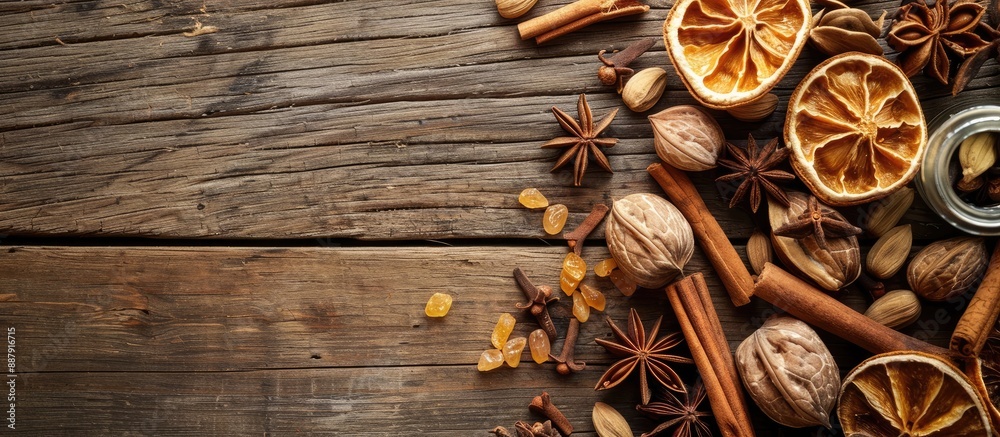 Leinwandbilder Wooden background with dry fruits and anise creating a rustic setting for a copy space image
