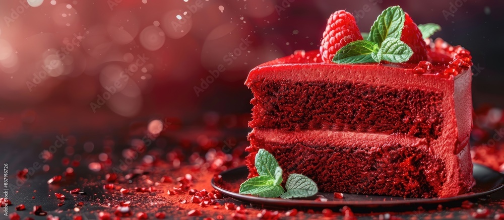 Poster close up image of vibrant bakery with spearmint leaves on a red velvet cake featuring copy space ima