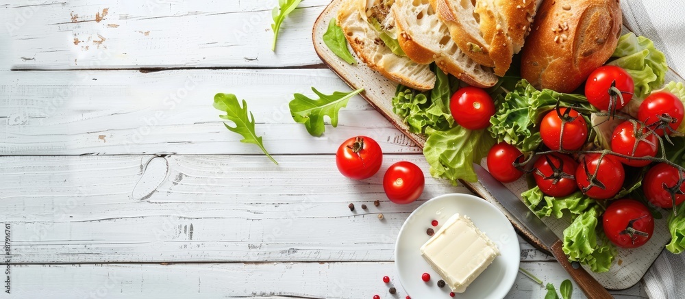 Aufkleber a fresh ripe brunch with cherry tomatoes on a cutting board accompanied by green lettuce bread and b