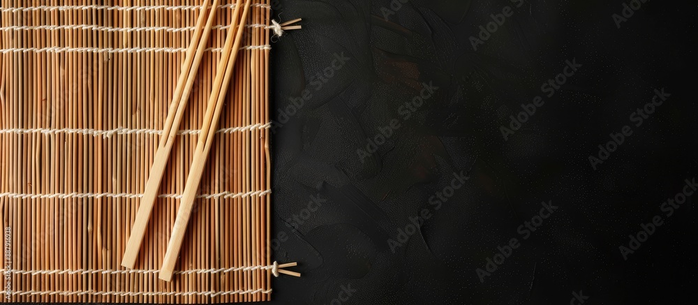 Aufkleber bamboo mat for making japanese sushi isolated on black backdrop with copy space image