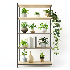 stylish interior of modern room with shelf unit and houseplant isolated on white background, png