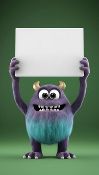 3d cute monster holding up a blank sign, colorful cartoon character, empty banner wallpaper