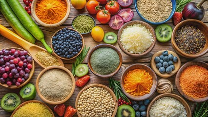 Healthy Concept: Colorful Psyllium Husk Fiber Supplements and Fiber-Rich Foods