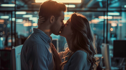 Work colleagues secretly kiss, concealing their affair amidst the office environment, risking professional and personal consequences.








