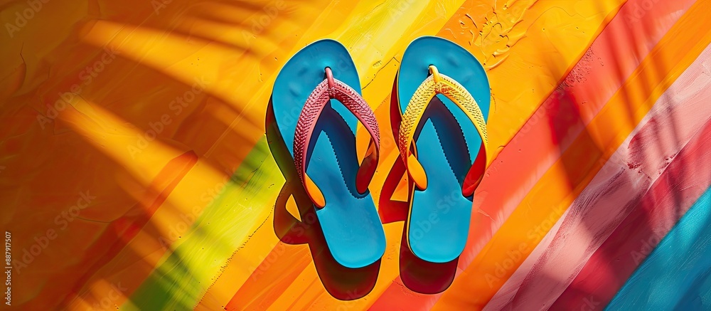 Poster colorful flip flop sandals for a summer vacation displayed on a vibrant background with ample copy s