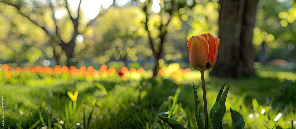 Leinwandbilder A tulip set against a bright tree background perfect for adding text with a copy space image