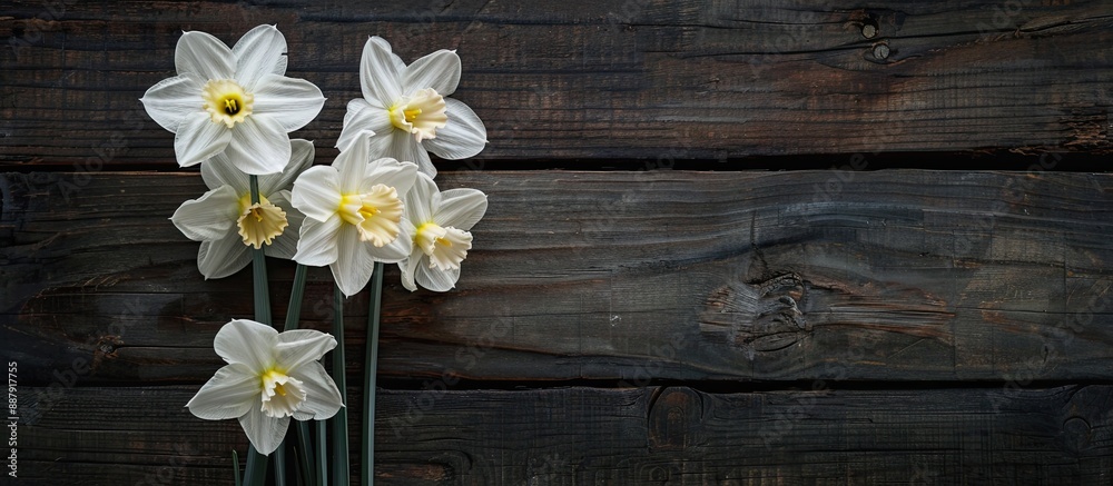 Poster White daffodils are beautifully arranged on a dark wooden backdrop creating a perfect copy space image for text placement