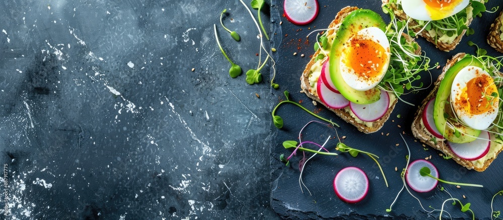 Poster healthy vegetarian open sandwiches topped with avocado radish boiled egg and sprouts perfect for sho