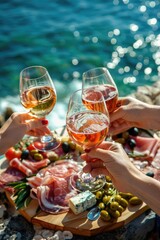 Wine and jamon and snacks in hand on the seashore. Selective focus.