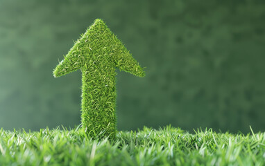 A green arrow made of grass pointing upward against a grassy background, symbolizing growth and eco-friendly progress in nature and environment.