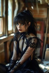 Goth style inspired woman, fashion and make-up portrait shoot in rustic room. Gothic, Goth, Emo, New Wave, Dark style fashion. Dark smokey make-up, red lipstick. Dramatic. Elegant.	