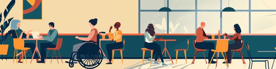 Fototapeta premium Social gathering in a cafe with friends, including a person using a wheelchair, Abstract Social Gathering with Friends, Including Wheelchair Users, in a Café Setting, Depicting Healthy and Happy 