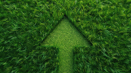 Naklejka premium Green arrow symbol in lush grass, representing growth, progress, and eco-friendly direction in a vibrant natural setting.