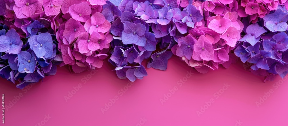 Poster a top down view of vibrant purple hydrangeas set against a pink backdrop with copy space image provi