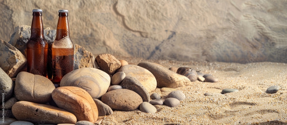 Poster Cold beer bottles placed by rocks on sandy shore creating a backdrop for text in a copy space image