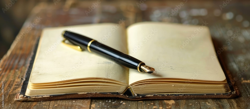 Aufkleber A ball point pen resting on top of an open notebook creating a simple yet effective copy space image